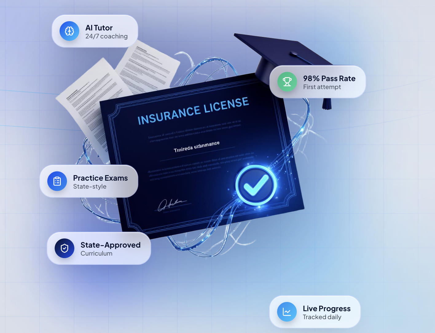 Insurance licensing with AI tutor, practice exams, and progress tracking